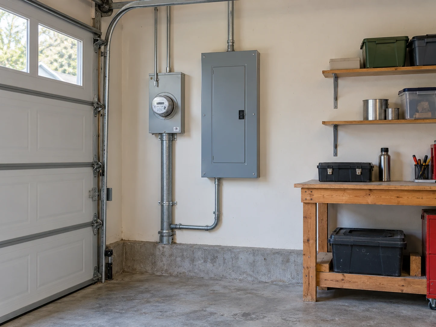 Illustrative residential garage with a closed electrical panel and meter equipment